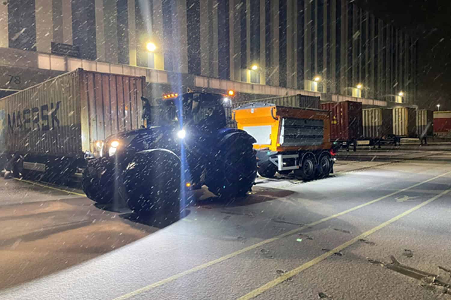 Snow,Plow,On,Highway,Salting,Road.,Orange,Truck,Deicing,Street.