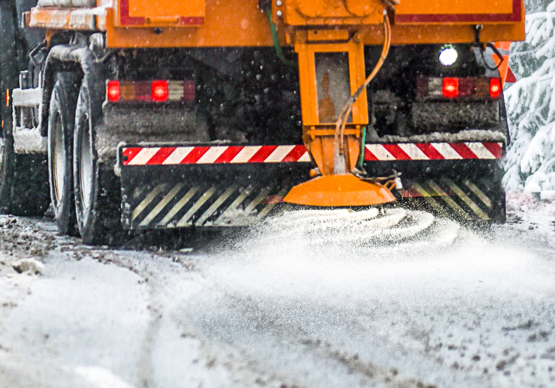 Snow,Plow,On,Highway,Salting,Road.,Orange,Truck,Deicing,Street.